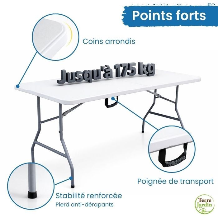 Tavolo pieghevole per 8 persone, 180 x 74 x 74 cm, tavolo rettangolare da esterno in polietilene, portata massima 175 kg, maniglia - Bianco - TERRE JARDIN
