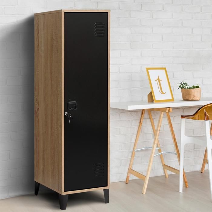 IDMARKET Armoire vestiaire ESTER 1 porte métal noir et contour bois design industriel