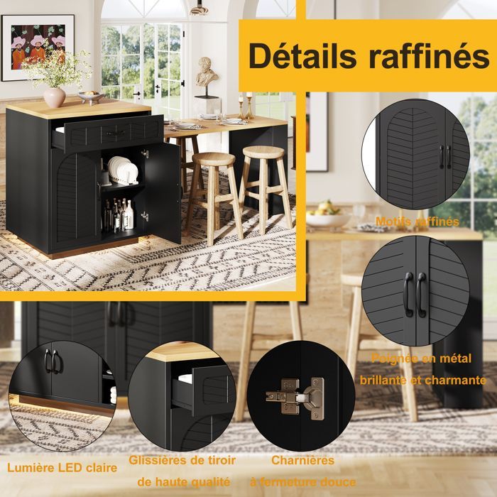 Ilot central de cuisine avec table à manger extensible, Table de bar moderne avec 2 tiroirs 4 portes- 60-113×70×95.5cm - MDF - noir