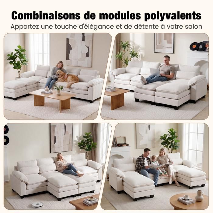 Divano angolare modulare a forma di U extra-large, cuscino di seduta a doppio strato soffice, 2 pouf rimovibili, tessuto in velluto beige effetto orsacchiotto.
