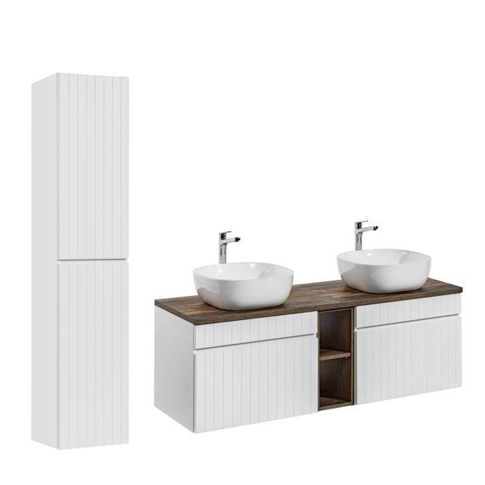 Dubbele wastafel met hoge kast + 2 elementen - 140 cm - Emblematic White
