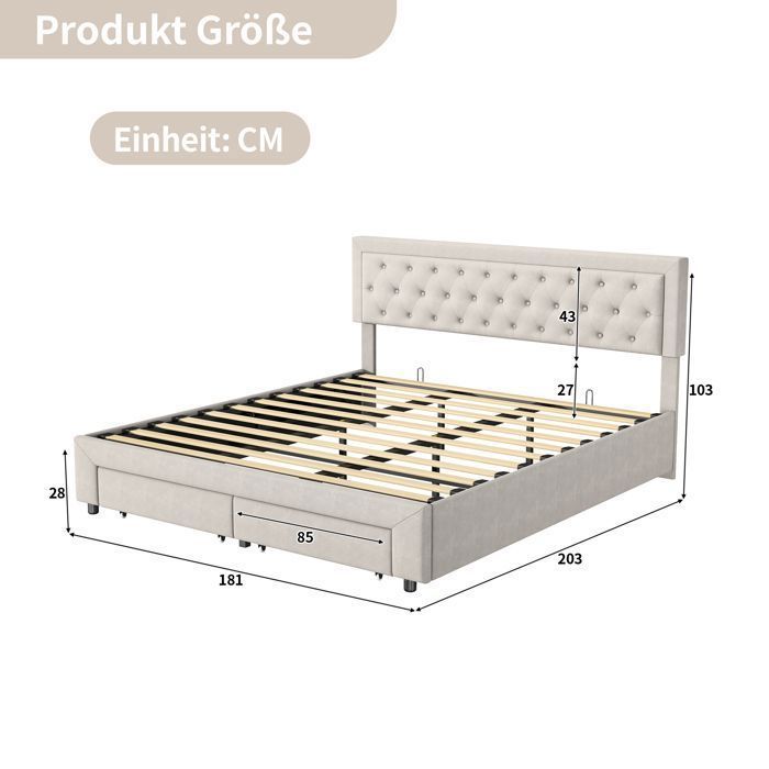KILISKY Opbergbed 180x200 cm - Beige - Gestoffeerd hoofdbord - 2 lades - Massief hout