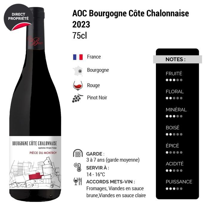 Cave de Bissey Bourgogne Côte Chalonnaise Pièce du Montroy 2023 - Vin Rouge de Bourgogne (3x75cl)