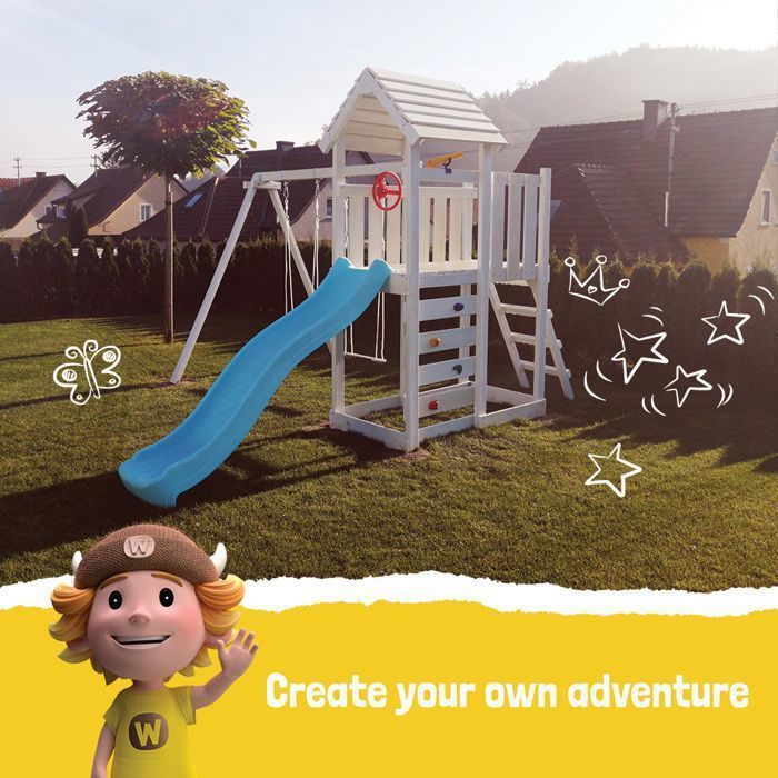 WICKEY MultiFlyer wooden play area with wooden roof, double swing and 220 cm slide, pastel green – 10-year guarantee*