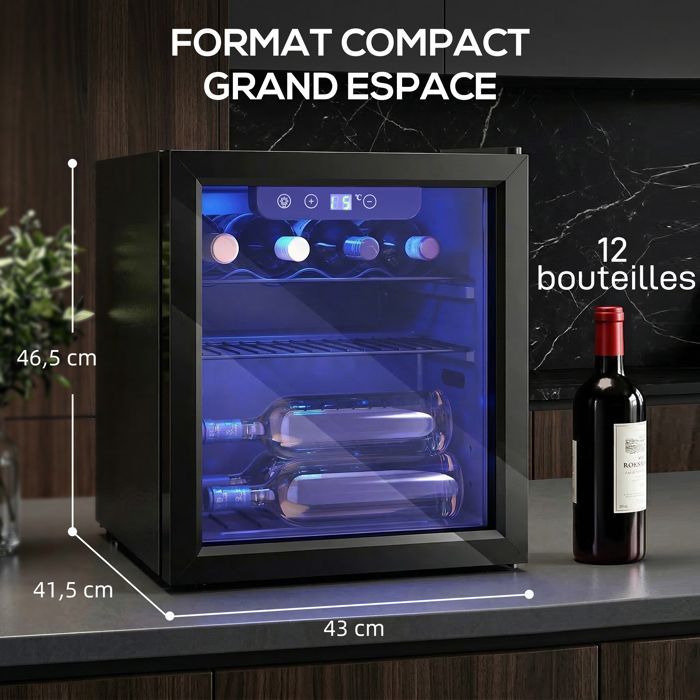 Cave à vin - HOMCOM - 12 bouteilles - température réglable 4-16 °C, porte réversible - acier et verre trempé - 43x41,5x46,5cm - noir