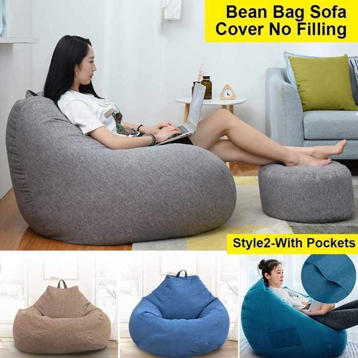 Sac Haricots Pouf Adultes,Rangement de Jouets Stockage,Housse de Pouf Poire,Pouf Pliable Fauteuil Fauteuil de Salon(Gris,80x90cm)