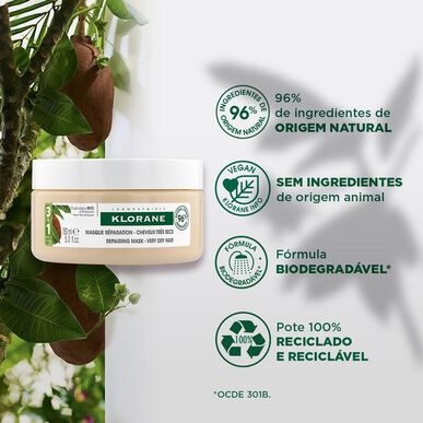 Klorane Cupuaçu-reparasjonsmaske for veldig tørt hår, økologisk Cupuaçu-maske for skadet hår, 150 ml