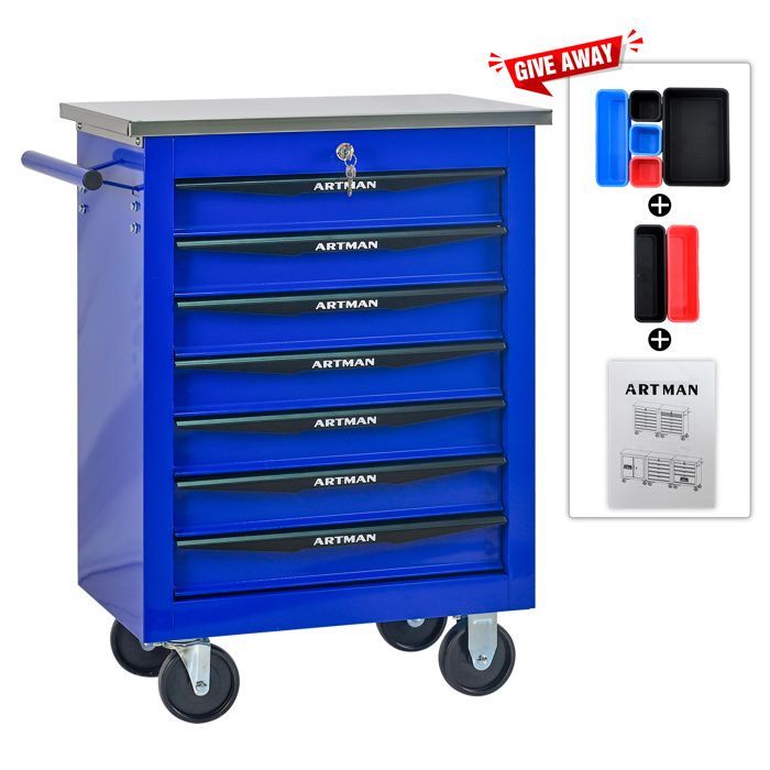 Carrello portautensili - 7 cassetti - Acciaio inox - Ruote piroettanti - Serratura a chiave