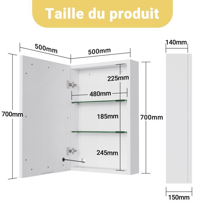 Mobiletto da bagno a parete con specchio a LED, contenitore per il bagno con 1 anta, bianco, 50x15x70 cm