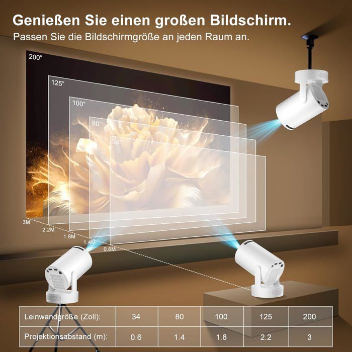 Proyector portátil TRAHOO - Compatible con 4K y 1080P - WiFi 6 - Bluetooth 5.4 - Android 14.0