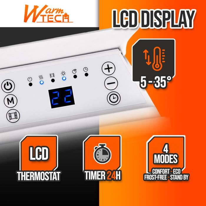 Aquecedor de parede de 2000 W - 4 modos - Termostato eletrônico - Temporizador de 24 horas - Tecnologia Warm Tech