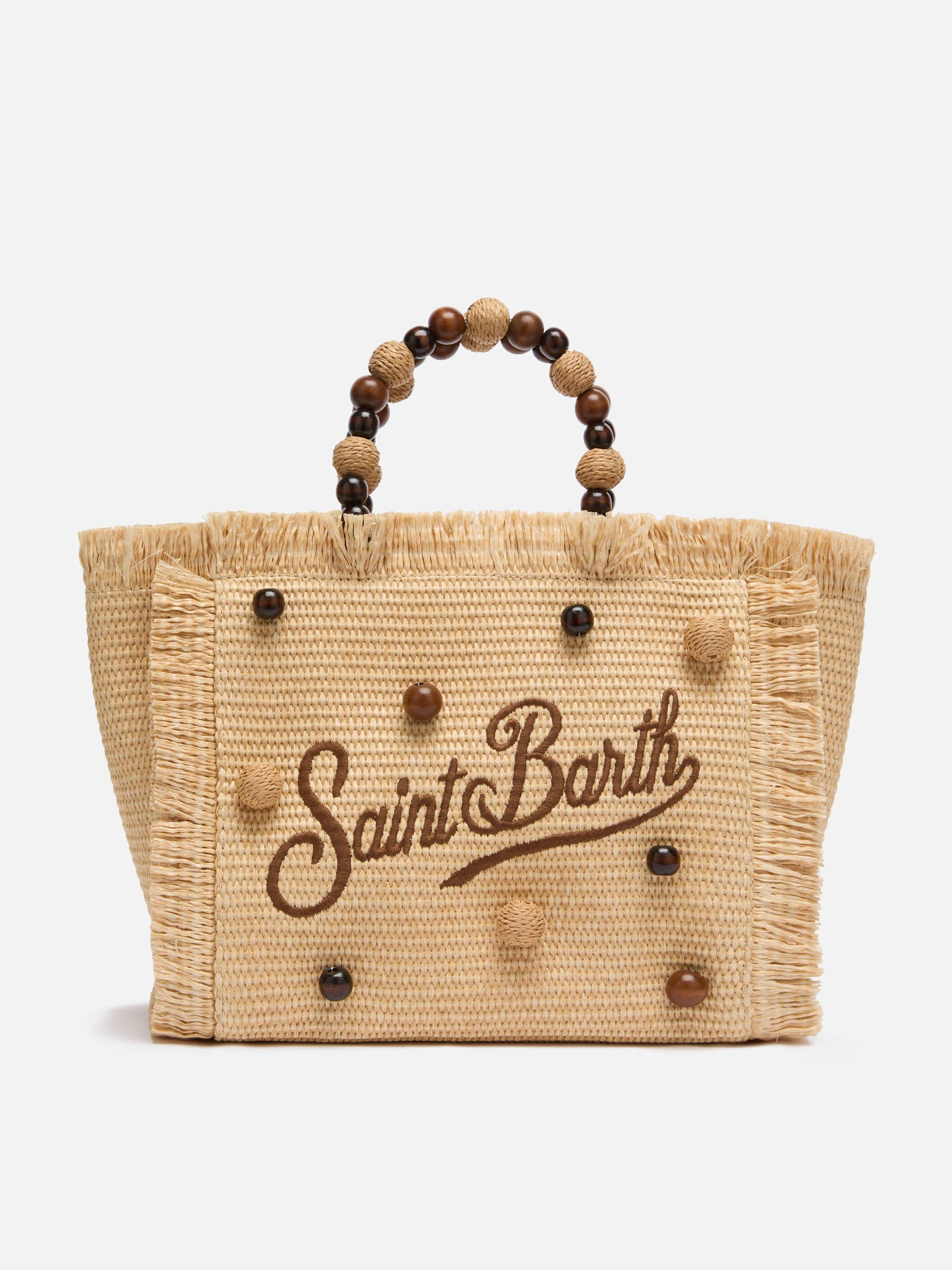Borsa Colette effetto paglia con perline di legno e logo ricamato