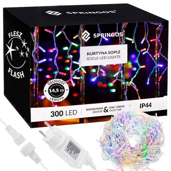 Kurtyna świetlna 300 led girlanda lampki zew. multikolor