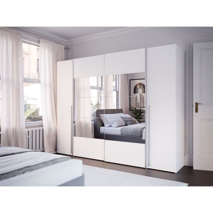 NARAGO Kledingkast - Matwitte afwerking - 2 schuifdeuren + spiegel + 2 draaideuren + 2 kledingstangen - B270 x D61 x H210 cm