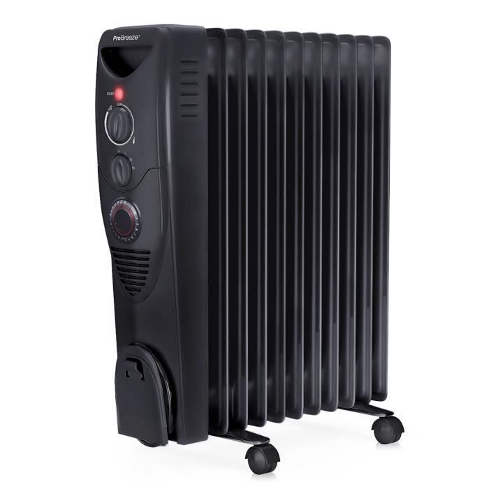 Radiatore a olio Pro Breeze da 2500 W, 11 colonne, timer, 3 impostazioni di riscaldamento, termostato - Nero