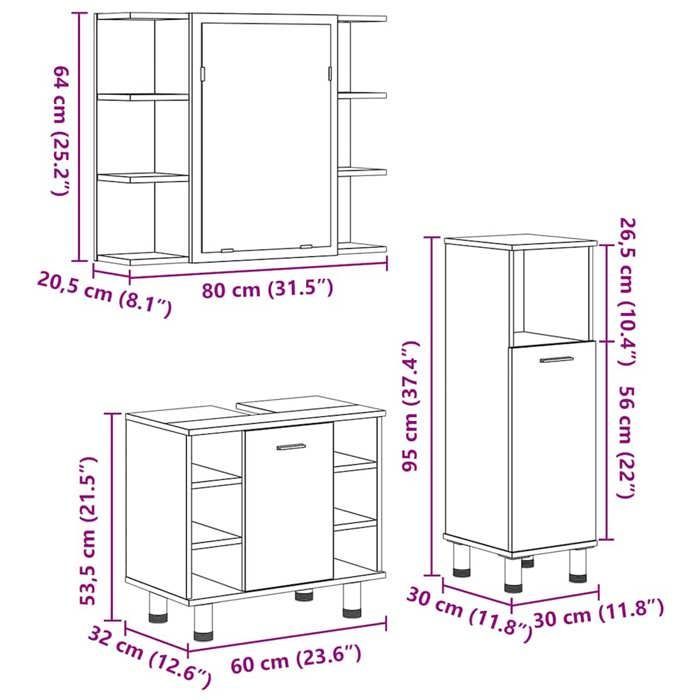 Badkamermeubelset - KALISSE - 3-delig - Samengesteld hout - Gerecycled hout - 80x20,5x64 cm - 30x30x95 cm