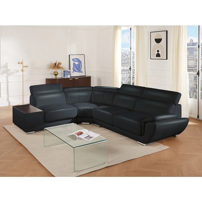 Sofá esquinero de piel NAHIA - Negro - Orientación izquierda - 5 plazas - Estilo contemporáneo