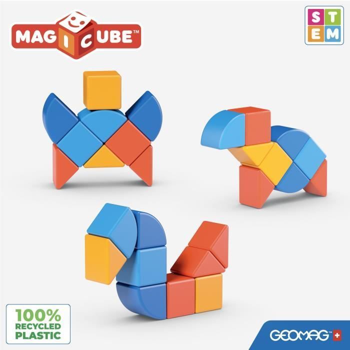 Blocs magnétiques - GEOMAG - Magicube 208 - 9 pièces - Formes variées - Animaux - Plastique recyclé