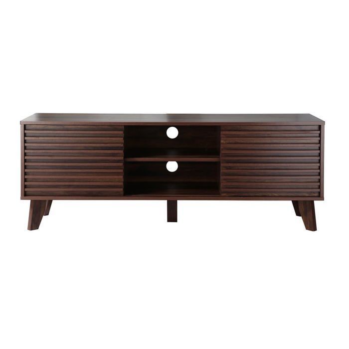 CALICOSY - Meuble TV portes coulissantes Façades Effet Bois Rainuré L135 cm - FRIBOURG - Bois foncé