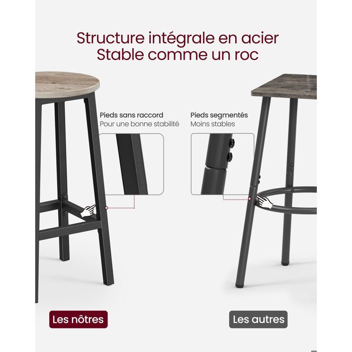 Tabourets hauts - VASAGLE - Lot de 2 - Cadre en acier - Hauteur 65 cm - Style industriel - Grège et Noir