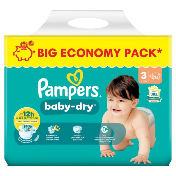 Plenice Pampers Baby-Dry velikost 3 (6–10 kg), 74 kosov