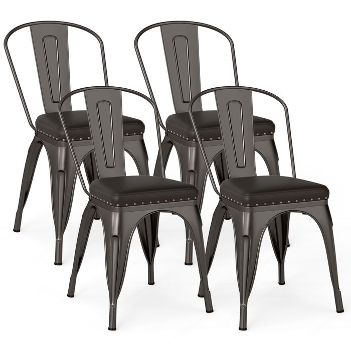 Lot 4 Chaises à Manger Empilables en Métal - COSTWAY - Dossier Amovible - Assise Rembourrée en Cuir Faux - 53 x 44 x 84 cm