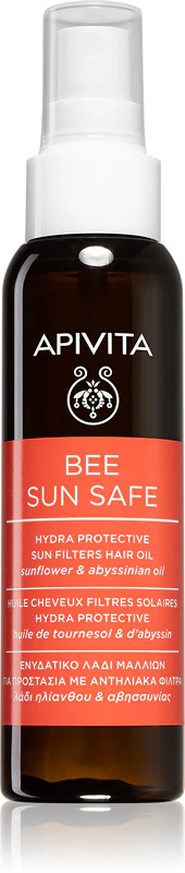 óleo capilar Apivita Bee Sun Safe é um óleo hidratante para cabelos expostos aos efeitos nocivos da luz solar.