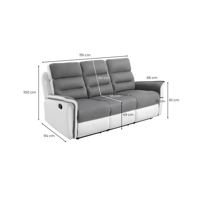 Canapé de Relaxation 3 places en Microfibre et Simili LÉON - Blanc et gris - L191 x 94 x 100cm - LOUNGITUDE