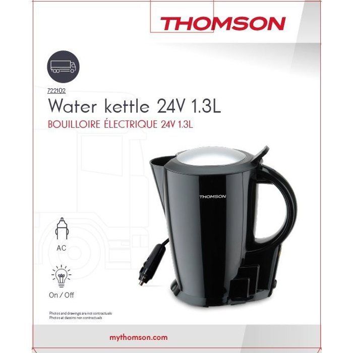 Chaleira elétrica 24V - THOMSON - 1,3L - 250W - Com cabo de 0,75m para acendedor de cigarros