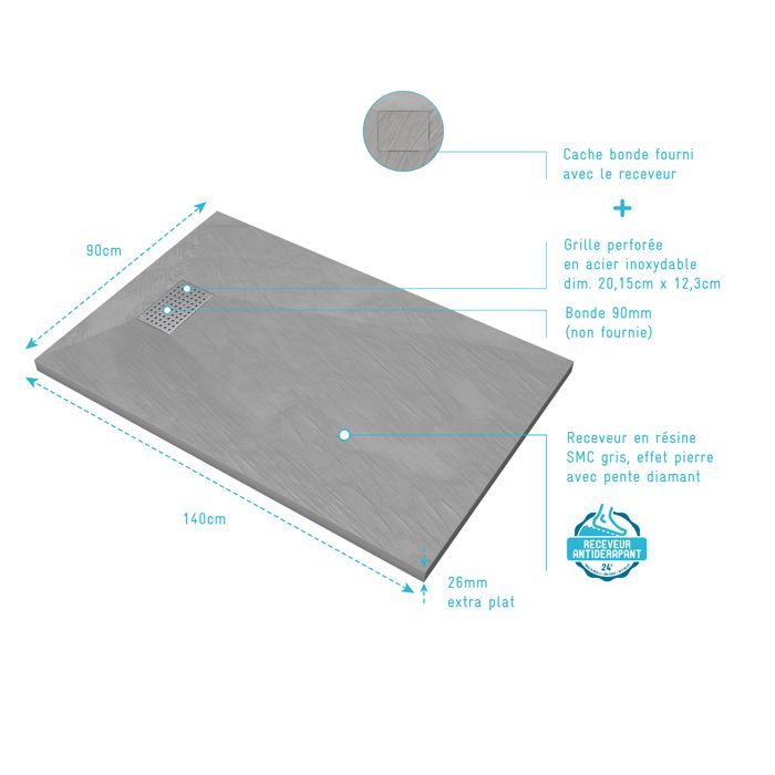 Plato de ducha con efecto piedra gris de 90x140 cm y rejilla decorativa perforada de acero inoxidable.