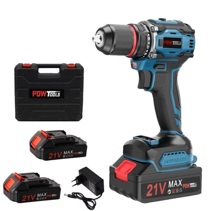 Taladro atornillador inalámbrico POWTOOLS - Motor sin escobillas con 2 baterías, 25+3 ajustes de torque