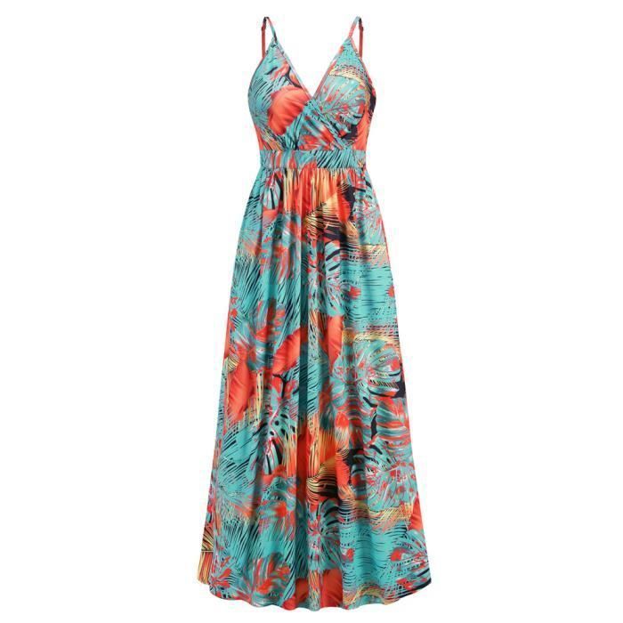 Vestido largo de verano para mujer, estilo bohemio, con tirantes, escote en V y estampado, sin mangas y cómodo - Naranja