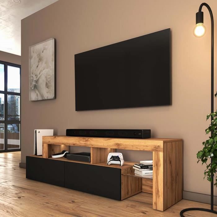 Mueble para TV - SELSEY - Asten - Roble Wotan - Negro - LED integrado