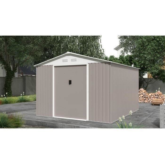 Metalen tuinschuur 8,84 m² - 277 x 319 x 202 cm - URANUS - Inclusief verankeringsset, 2 schuifdeuren - Taupe