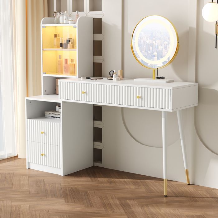 Tavolo da trucco con specchio a LED 100 x 40 x 125 cm con illuminazione RGB, 4 cassetti e 1 vetrina con anta in vetro - Bianco