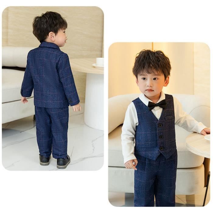 Conjunto de 4 piezas para bebé niño, traje a cuadros, esmoquin, para noche, ceremonia, boda - Azul marino