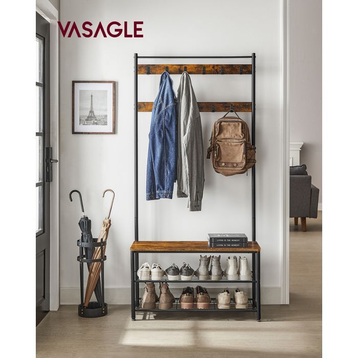 VASAGLE Porte-manteau avec Étagère à Chaussures, Meuble d’Entrée avec Banc, 3-en-1, Cadre en Acier, 32 x 85 x 175 cm, Marron et Noir