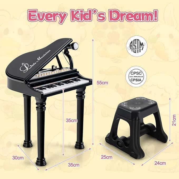 GOPLUS Piano electrónico de 31 teclas para niños, teclado electrónico con taburete, micrófono y 3 modos, negro.