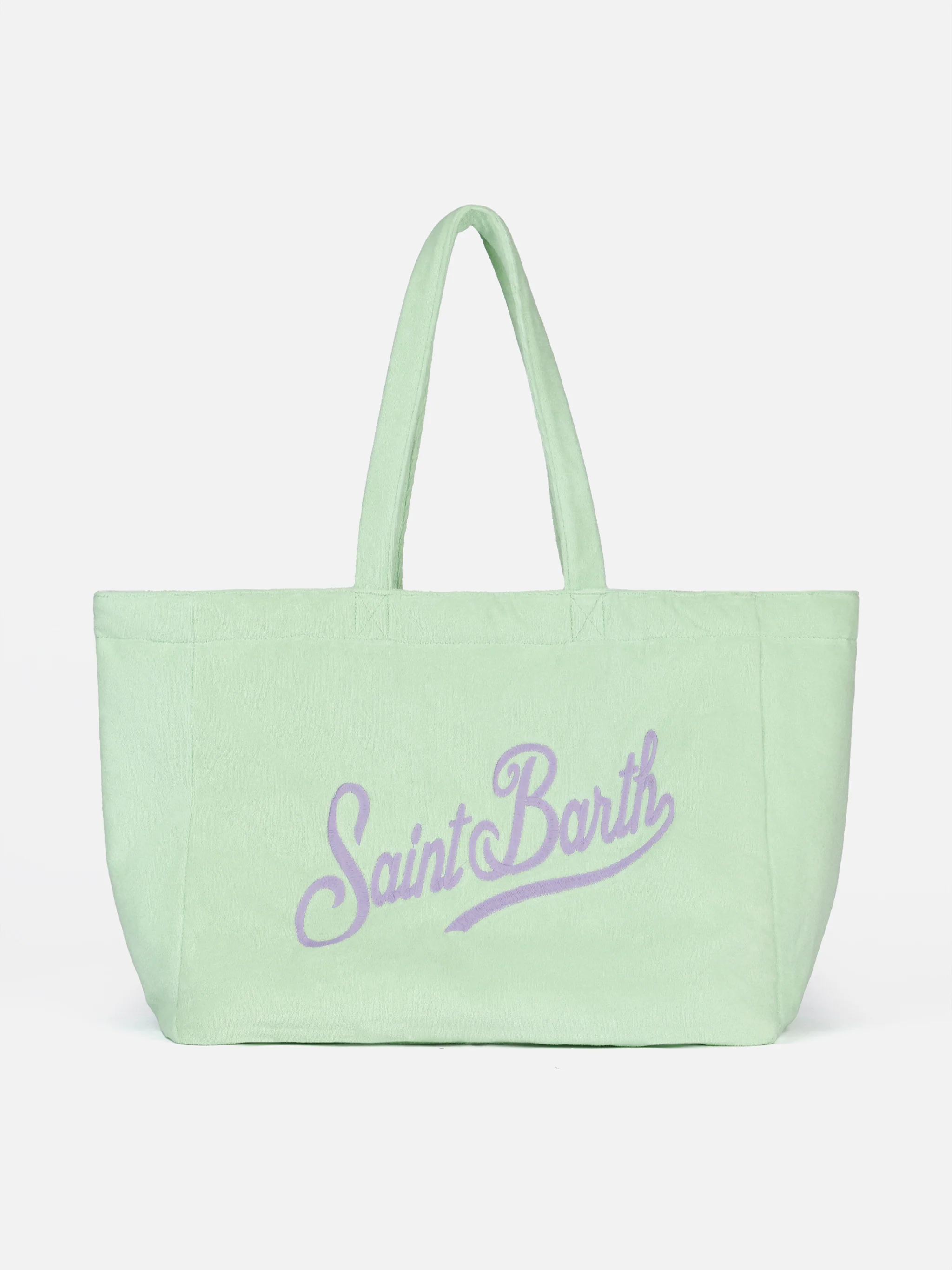 Dubbelzijdige strandtas | Watergroene badstof en lila geruite katoenen print | Logo-borduurwerk | Verborgen vak | MC2 Saint Barth