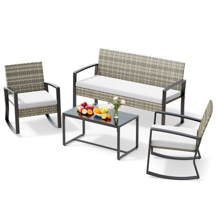 Salon de Jardin - Bealife - 4 Personnes - Coussin Déhoussable - Cadre Métal - Résine Tressée Gris Kaki - 1 Table Verre Trempé