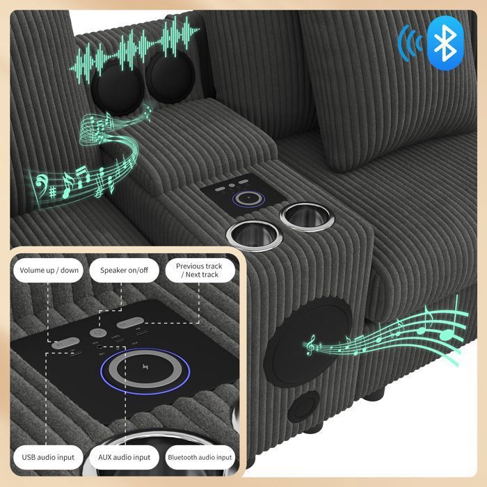 Modulares Ecksofa aus grauem Cord mit Bluetooth-Lautsprecher und Konsole, 6-Sitzer-Sofa mit USB-Anschluss und Kissen, Grau