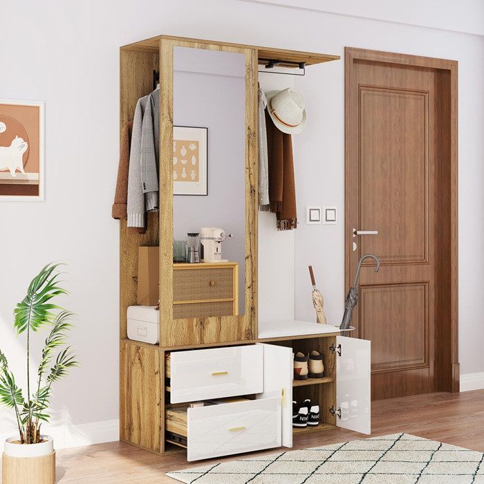 White and wood entryway wardrobe with mirror, shoe cabinet, shoe bench with hooks and sliding hangers