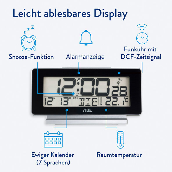 Digitale DCF-radiowekker, zwart