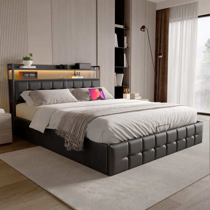 160 x 200 cm storage bed, 160x200 bed with slatted base, adult bed with USB port and LED, bed frame, with headboard, Black, PU