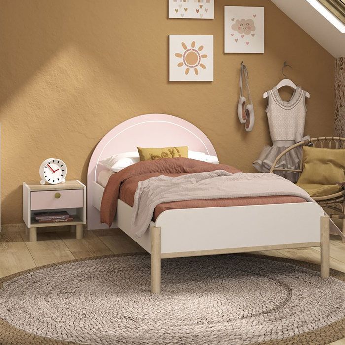 Comodino bianco con 1 cassetto e nicchia effetto legno di rovere con maniglia dorata.