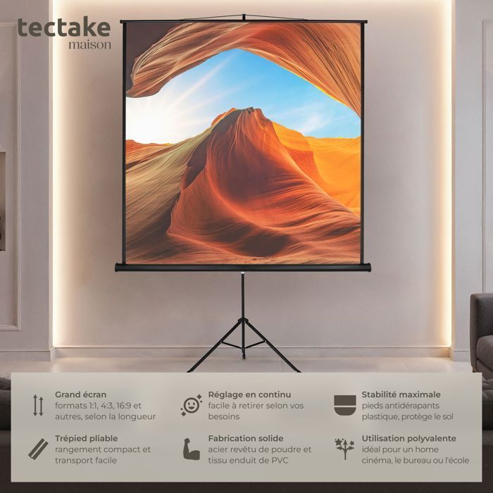 Pantalla de proyección - TECTAKE - Pantalla de proyección extensible de poliéster con trípode 203 x 203 cm - Blanca
