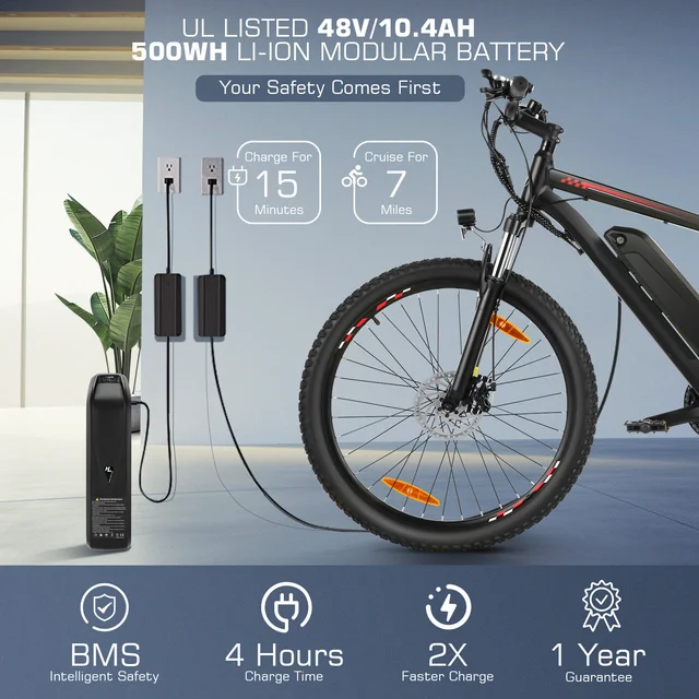Funcid sähköpyörä, sähköpyörä aikuisille 27.5 EBike 500W aikuisten sähköpyörä, 19.8MPH sähkömaastopyörä, 48V 10.4Ah akku