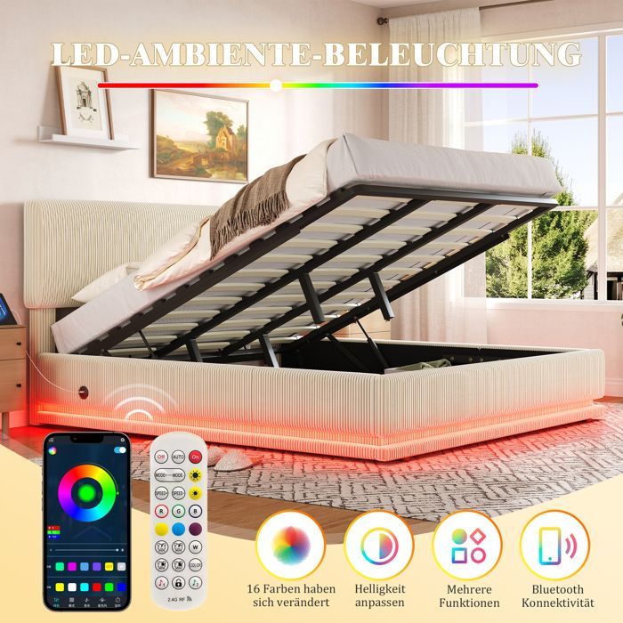 Cama con almacenamiento de 180x200 cm - con almacenamiento integrado, iluminación LED y carga USB-C, cabecero ajustable, base de láminas incluida - Pana - Beige