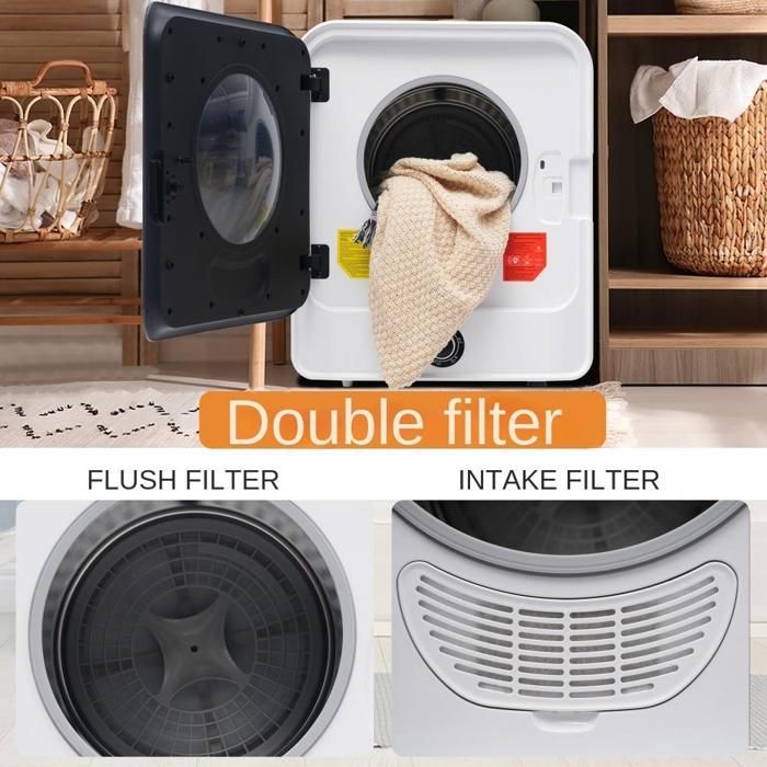 Asciugatrice a parete bianca, capacità 4,5 kg, acciaio inox, 830 W, 5 programmi, asciugatura rapida, multifiltrazione, protezione contro il surriscaldamento, bassa rumorosità.