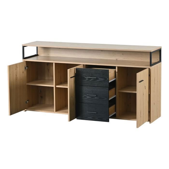 Buffet industriel 3 portes 3 tiroirs-Commode Armoire de cuisine-Buffet haut avec poignées métalliques-150x35x75.9cm Noir+Bois